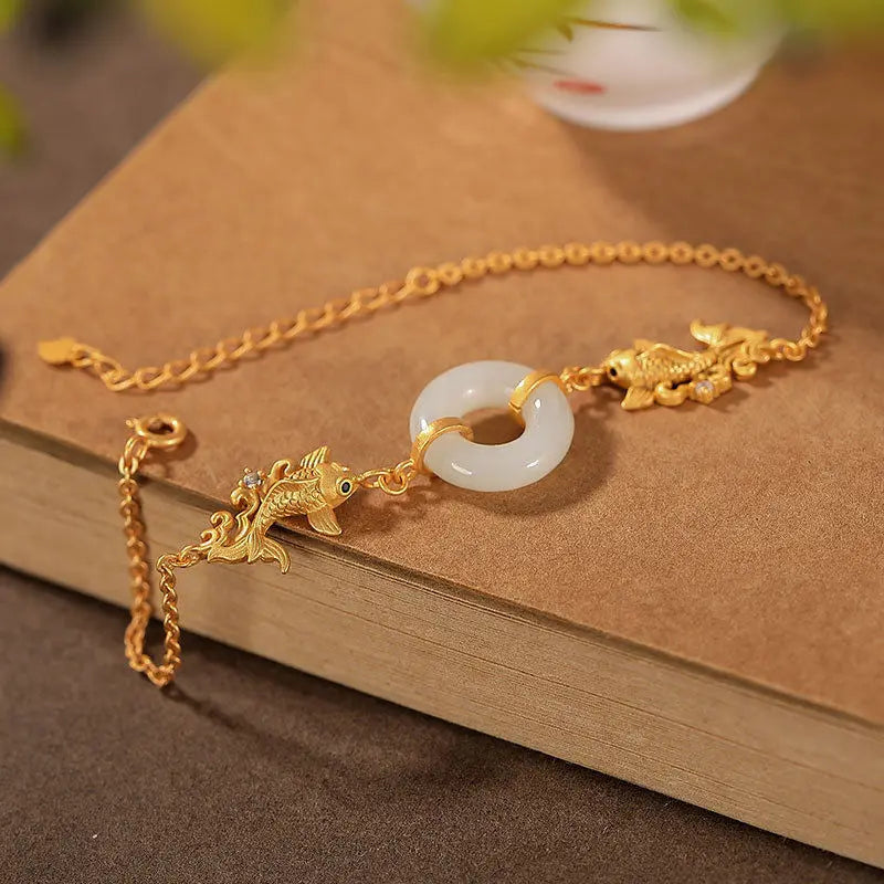 Vintage Fish Bracelet Natural Hetian Jade S925 Silver Plated Women's Ornament