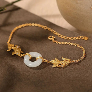 Hetian Jade Vintage Fish Bracelet S925 Sterling Silver Plated Women's Ornament