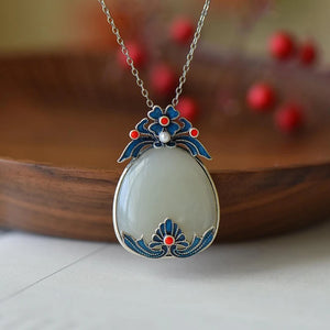 Hetian Jade Water Drop Ethnic Necklace Enamel Pendant Ladies Silver Jewelry