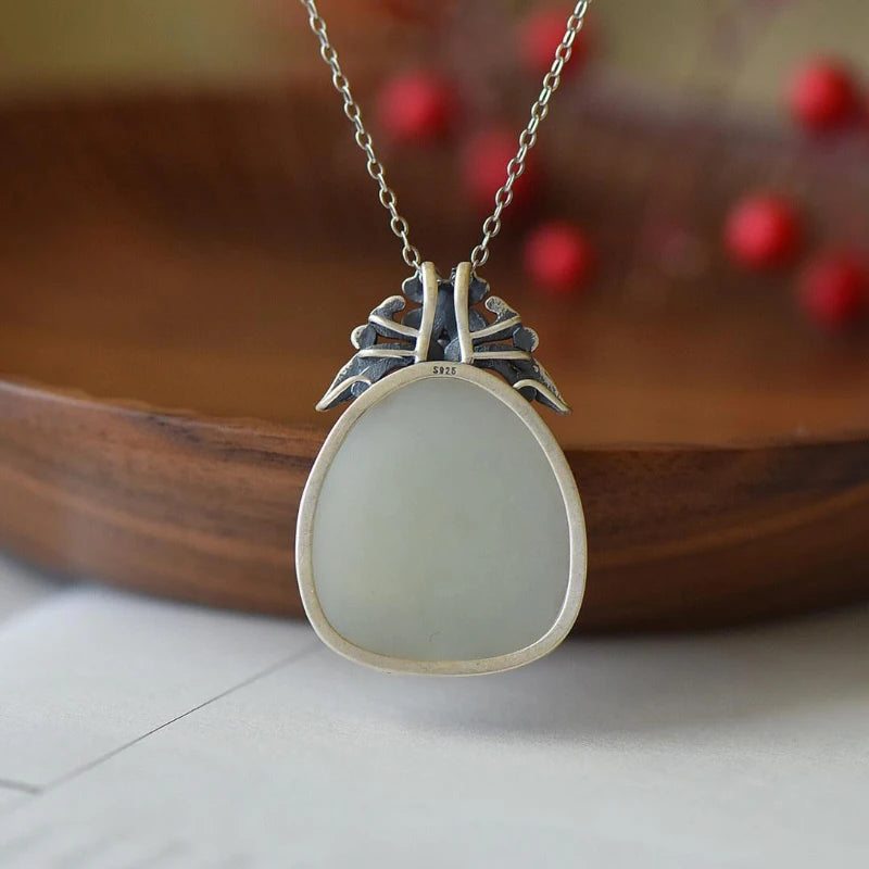 Hetian Jade Water Drop Ethnic Necklace Enamel Pendant Ladies Silver Jewelry