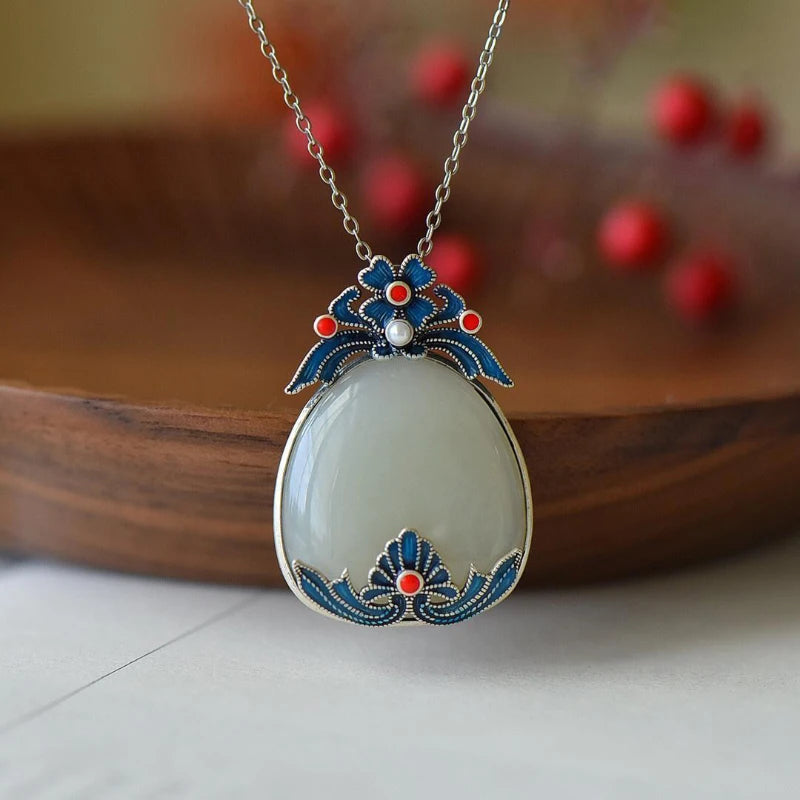 Hetian Jade Water Drop Ethnic Necklace Enamel Pendant Ladies Silver Jewelry
