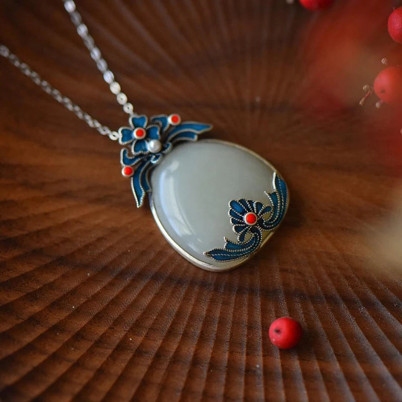 Hetian Jade Water Drop Ethnic Necklace Enamel Pendant Ladies Silver Jewelry