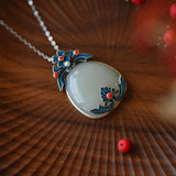 Hetian Jade Water Drop Ethnic Necklace Enamel Pendant Ladies Silver Jewelry