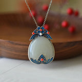 Hetian Jade Water Drop Ethnic Necklace Enamel Porcelain Pendant Silver Jewelry
