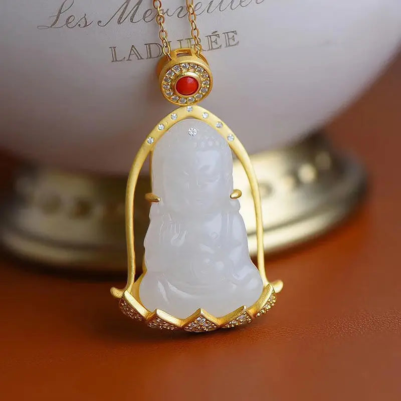 Vintage Hetian Jade Avalokitesvara Pendant in S925 Sterling Silver
