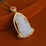 Vintage Hetian Jade Avalokitesvara Pendant in S925 Sterling Silver