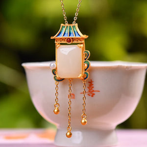 Hetian Jade Pearl Square Pendant Necklace Palace Retro Jewelry Hanfu Accessory