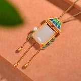 Hetian Jade Pearl Square Pendant Necklace Palace Retro Jewelry Hanfu Accessory