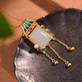 Hetian Jade Pearl Square Pendant Necklace Palace Retro Jewelry Hanfu Accessory