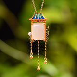 Hetian Jade Pearl Square Pendant Necklace Palace Retro Jewelry Hanfu Accessory