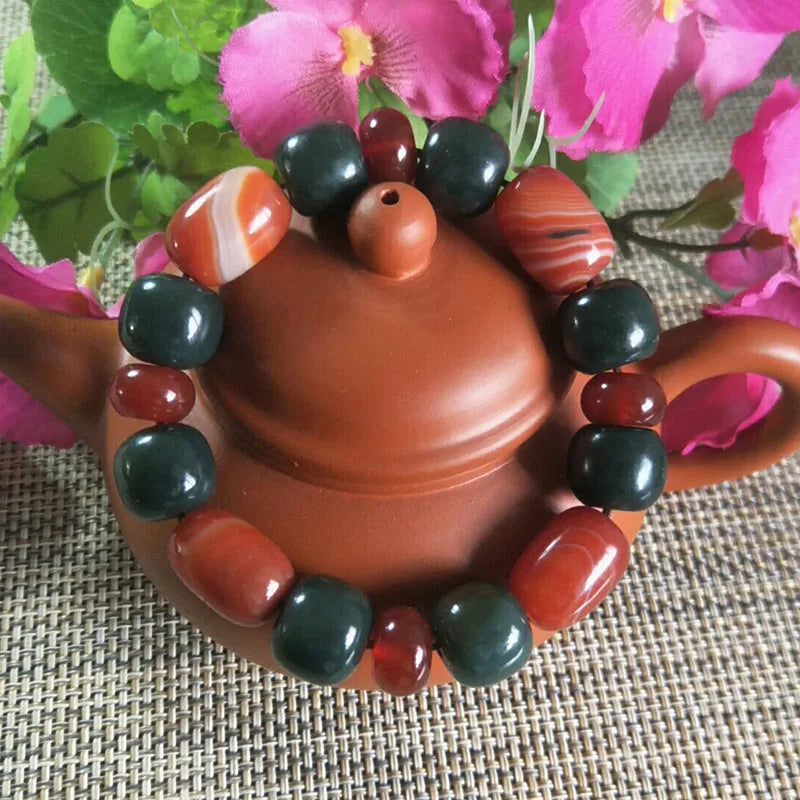 Natural Hetian Jade & Red Agate Beads Bracelet Lucky Amulet