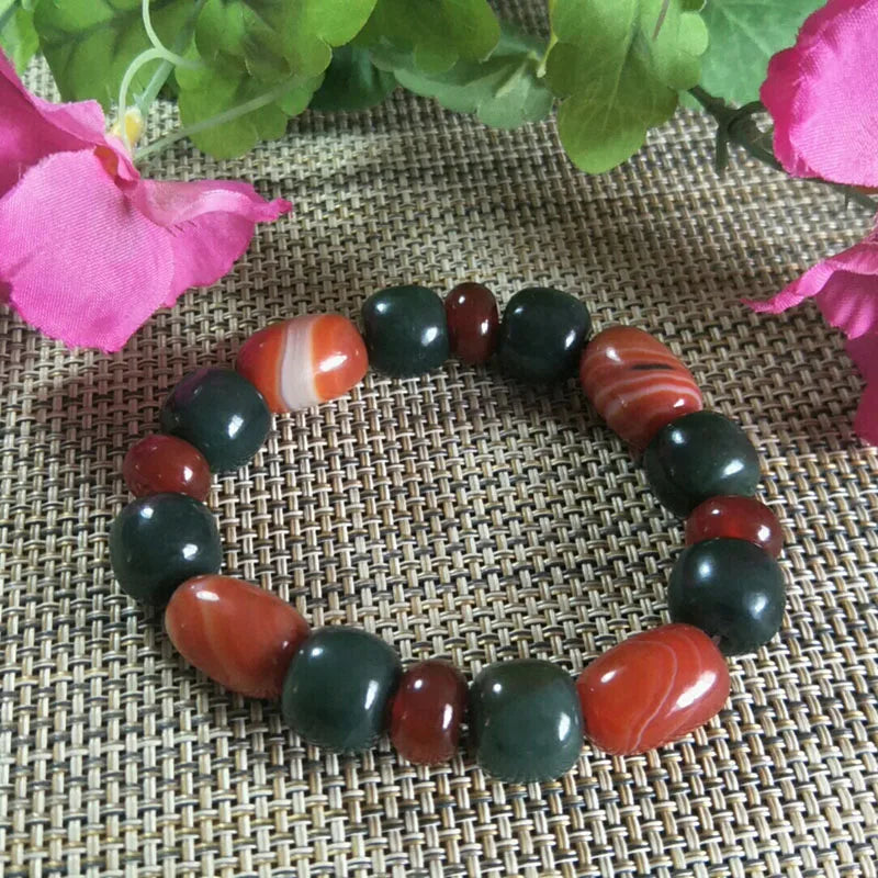 Natural Hetian Jade & Red Agate Beads Bracelet Lucky Amulet