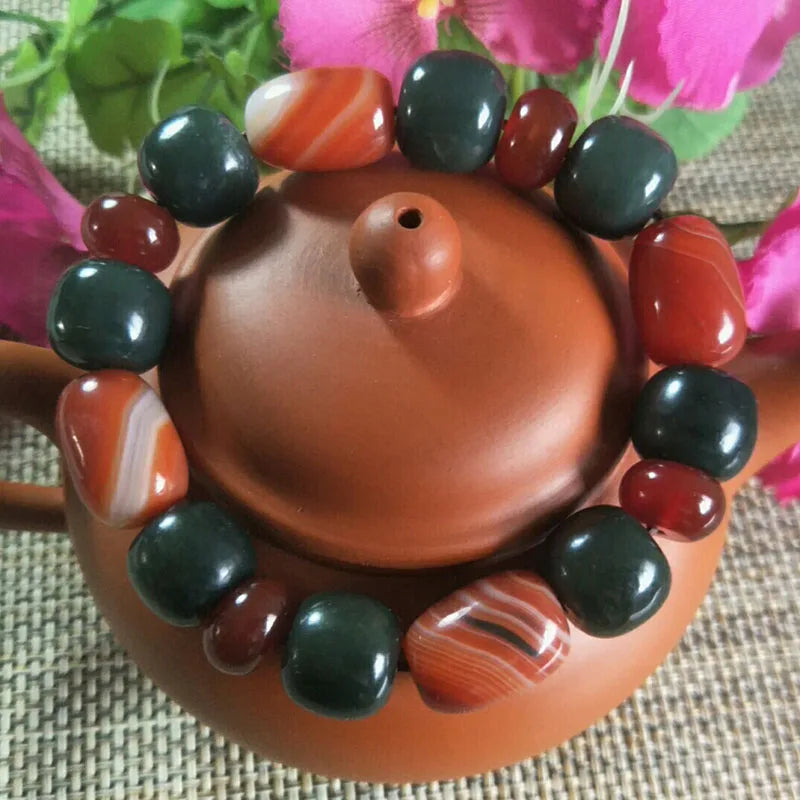 Natural Hetian Jade & Red Agate Beads Bracelet Lucky Amulet