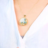Hetian Magnolia Enamel Porcelain Pendant Necklace Chinese Retro Charm Silver