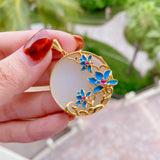 Hetian Magnolia Enamel Porcelain Pendant Necklace Chinese Retro Charm Silver