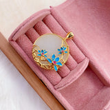 Hetian Magnolia Enamel Porcelain Pendant Necklace Chinese Retro Charm Silver