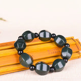 Natural Hetian Nephrite Jade Bracelet - Dark Green Round Beads