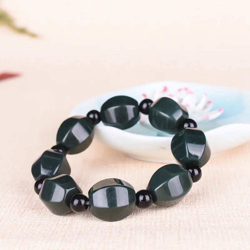 Natural Hetian Nephrite Jade Bracelet - Dark Green Round Beads