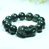 Hetian Nephrite Jade Green Bracelet Round Beads Pixiu Troops Bracelet