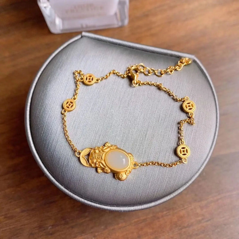 Natural Hetian Chalcedony Golden frog Ingot Bracelet Chinese Style Retro Classic