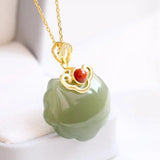 Hetian Jade Lock of Good Wishes Pendant S925 Silver Gilding Inlaid Lucky