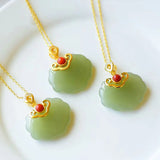Hetian Jade Lock of Good Wishes Pendant S925 Silver Gilding Inlaid Lucky