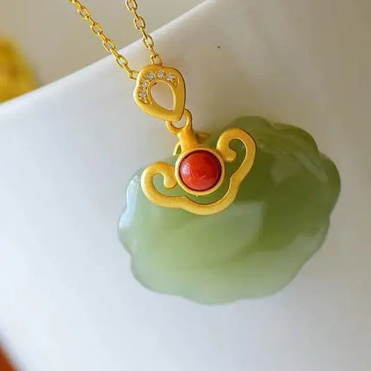 Hetian Jade Lock of Good Wishes Pendant S925 Silver Gilding Inlaid Lucky
