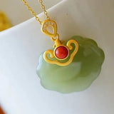 Hetian Jade Lock of Good Wishes Pendant S925 Silver Gilding Inlaid Lucky