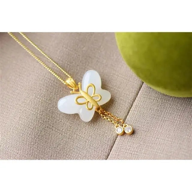 Chinese Style Hetian Jade Butterfly Tassel Pendant Necklace
