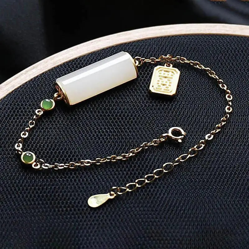 Hetian Jade Geometric Tag Pendant Bracelet Silver Jewelry