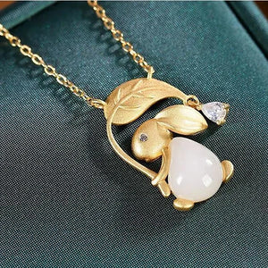 Natural Hetian Jade Golden Branch Jade Rabbit Pendant Necklace Chinese Retro