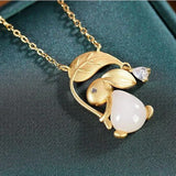 Natural Hetian Jade Golden Branch Jade Rabbit Pendant Necklace Chinese Retro