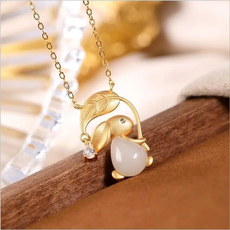 Natural Hetian Jade Golden Branch Jade Rabbit Pendant Necklace Chinese Retro