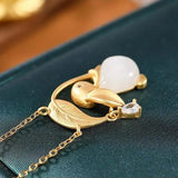 Natural Hetian Jade Golden Branch Jade Rabbit Pendant Necklace Chinese Retro