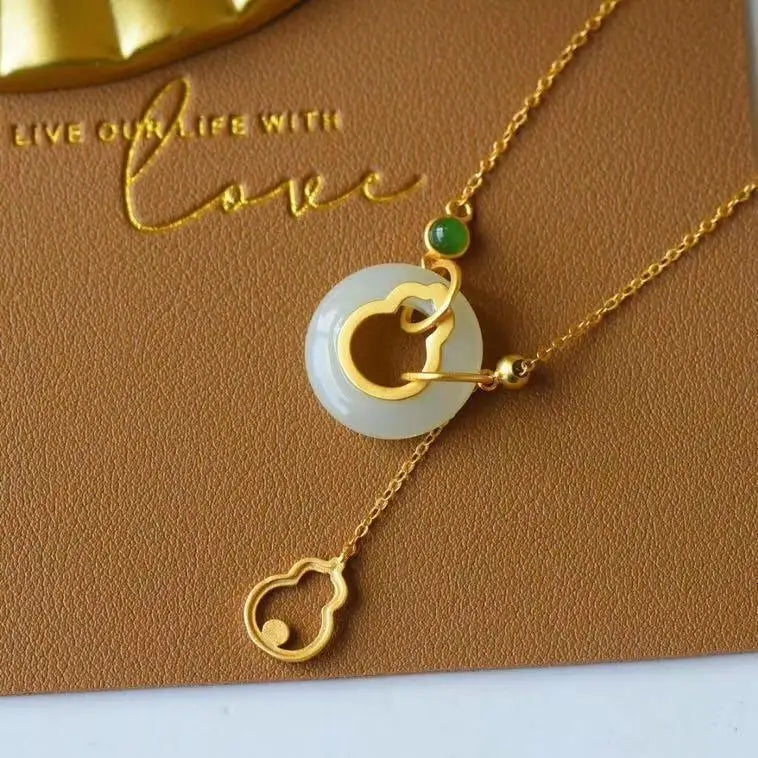 Hetian Jade Gourd Peace Buckle Necklace S925 Silver Clavicle Chain