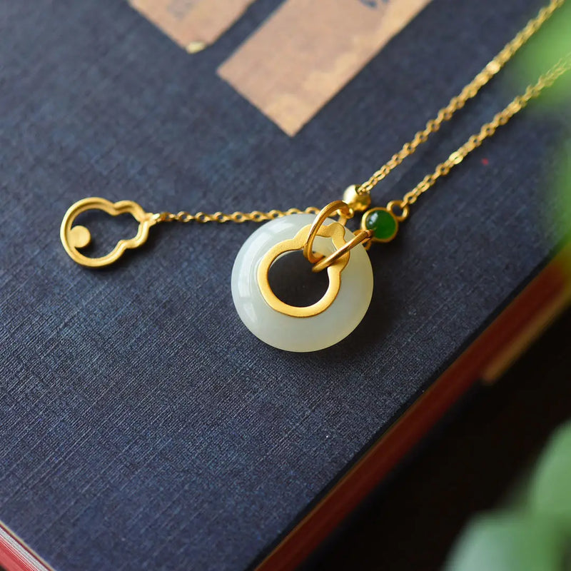 Natural Hetian Jade Gourd Peace Buckle Necklace Pendant S925 Sterling Silver