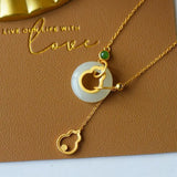 Natural Hetian Jade Gourd Peace Buckle Necklace Pendant S925 Sterling Silver
