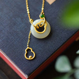 Natural Hetian Jade Gourd Peace Buckle Necklace Pendant S925 Sterling Silver
