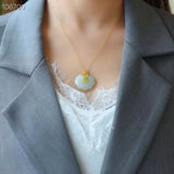 Natural Hetian Jade Lace Lock Pendant Clavicle Chain S925 Silver Inlaid
