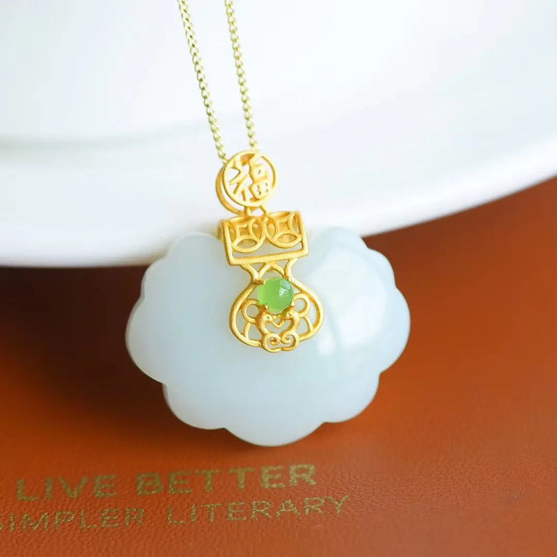 Natural Hetian Jade Lace Lock Pendant Clavicle Chain S925 Silver Inlaid