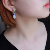 Natural Hetian Jade Magnolia Flower Earrings Retro Charm Silver Jewelry