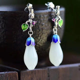 Natural Hetian Jade Magnolia Flower Earrings Retro Charm Silver Jewelry