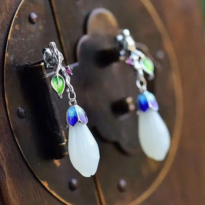 Natural Hetian Jade Magnolia Flower Earrings Retro Charm Silver Jewelry