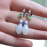Natural Hetian Jade Magnolia Flower Earrings Retro Charm Silver Jewelry