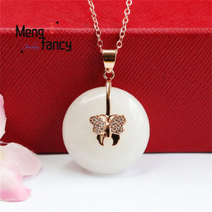 Hetian Jade Peace Buckle Butterfly Necklace Charm Jewelry Gift