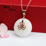 Hetian Jade Peace Buckle Rose Three Heart Necklace