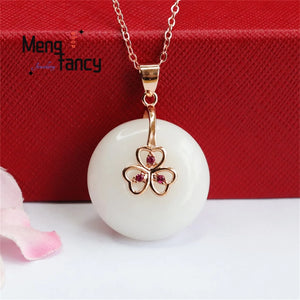 Hetian Jade Peace Buckle Rose Three Heart Necklace