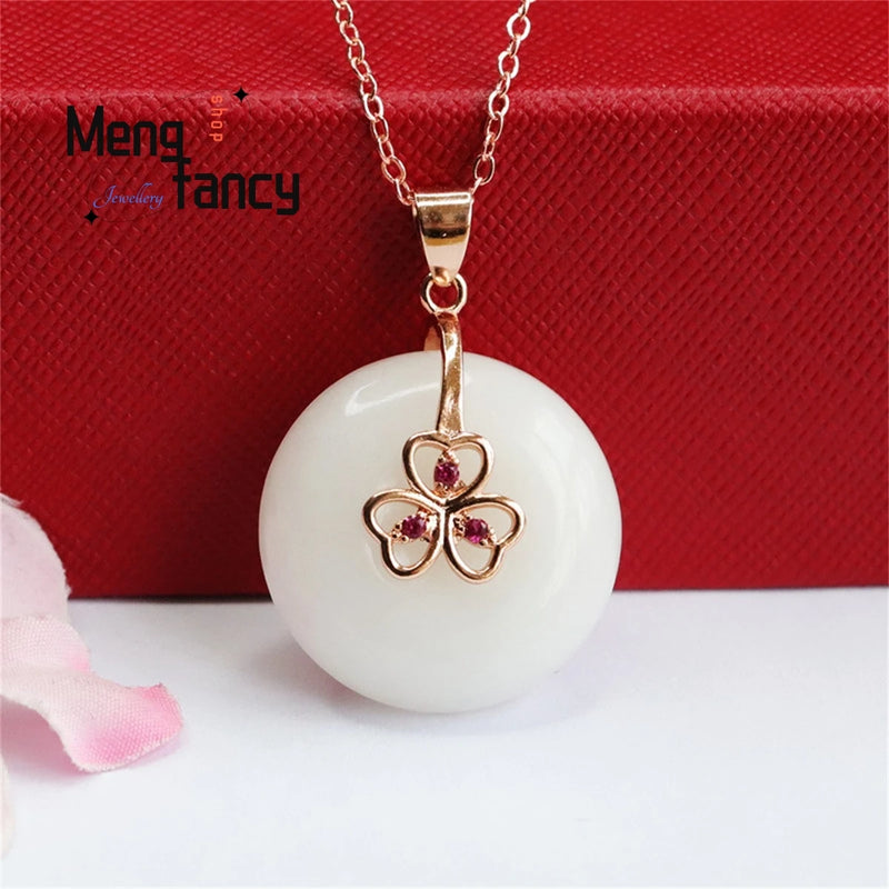 Hetian Jade Peace Buckle Rose Three Heart Necklace
