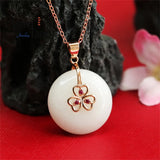 Hetian Jade Peace Buckle Rose Three Heart Necklace