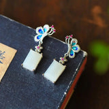 Hetian Jade Butterfly Enamel Earrings Chinese Retro Silver Jewelry